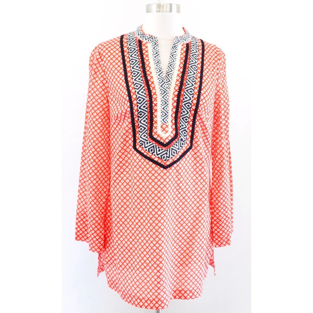 NWT Tory Burch Talli Poppy Red Geometric Embroidered Tunic Top Blouse Size 8